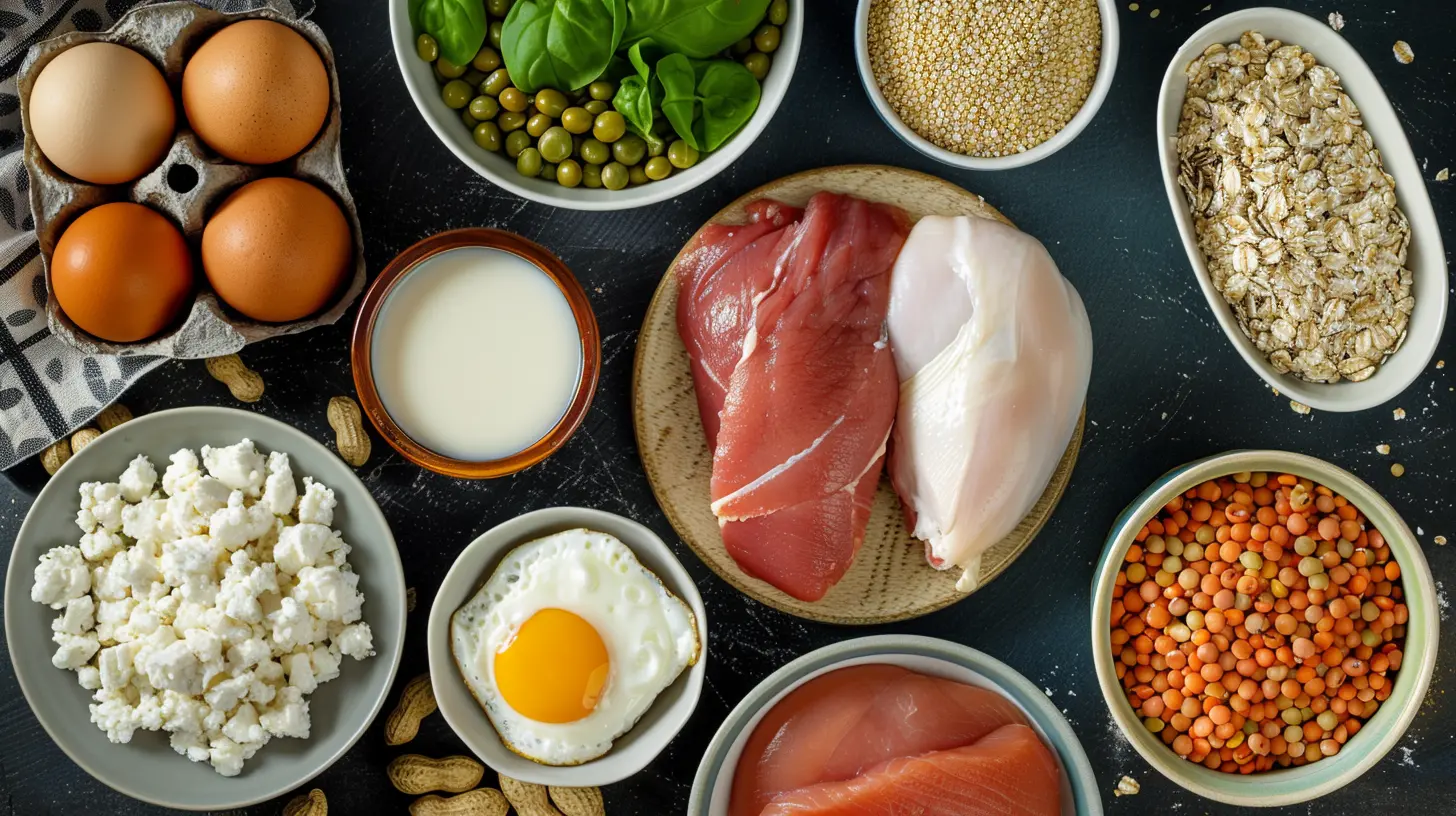 Aliments riches en protéines disposés sur une table, avec œufs, poulet, thon, lentilles et produits laitiers